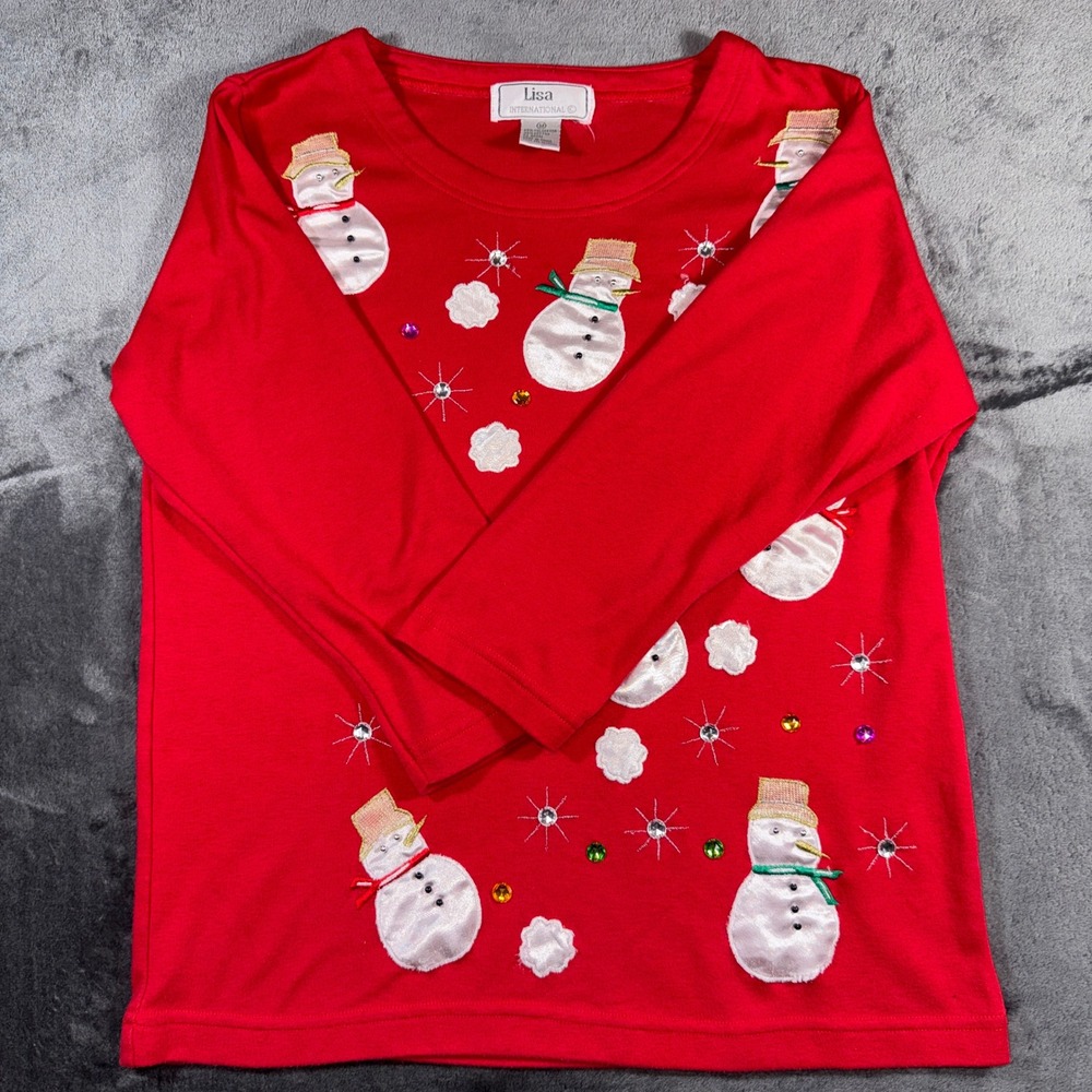 Lisa International Red Snowman Holiday Top Rhinestone Bead Long Sleeve Medium